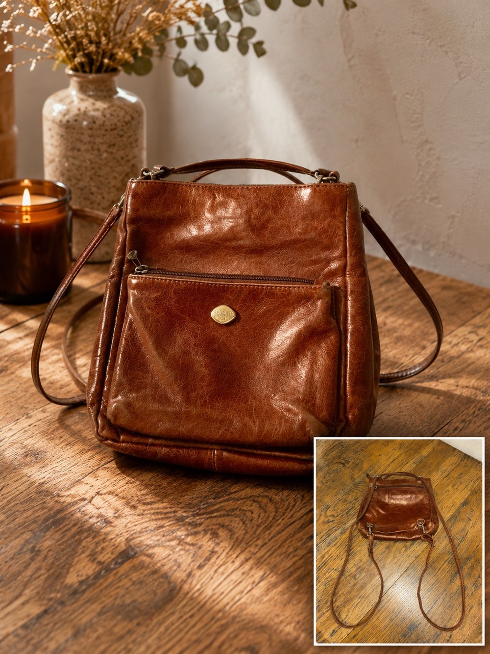 THE TREND Brown Leather Convertible Backpack Purse Vintage Made in Italy